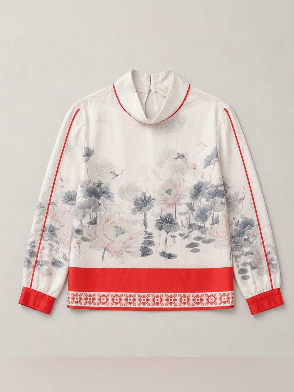Ted Baker Girls' Cream Floral Mock-Neck Top with Red Accents